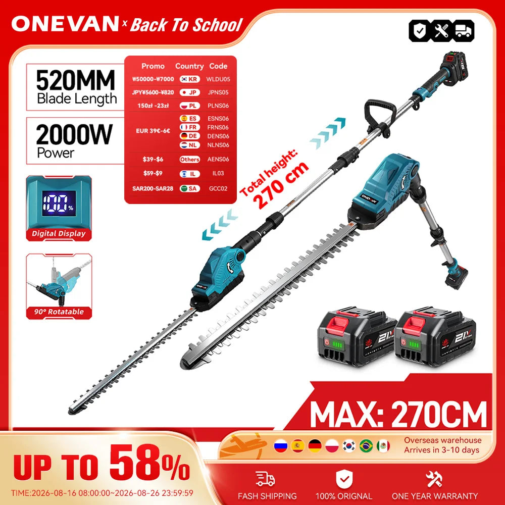 ONEVAN Electric High Branch Hedge Trimmer Cordless Telescopic Hedge Shear Garden Tools Pruning Saw For Makita 18V Battery Pin