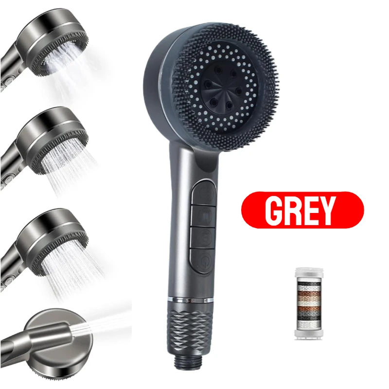 High Pressure Shower Head 4 Modes Handheld Body Brush Chlorine Removal Filter Large Flow Water Saving Showerhead for Bathroom