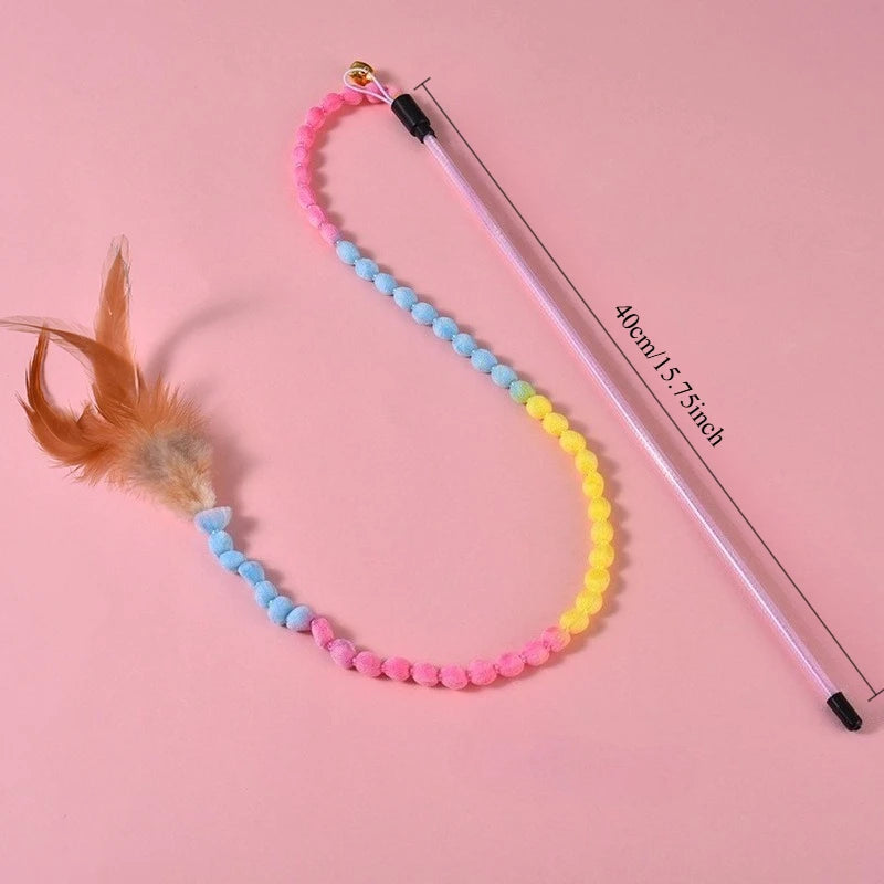 Lot de 3 jouets interactifs pour chat, canne à pêche arc-en-ciel pour chats et chatons d'intérieur, jouet teaser coloré avec ficelle, peluche et plumes