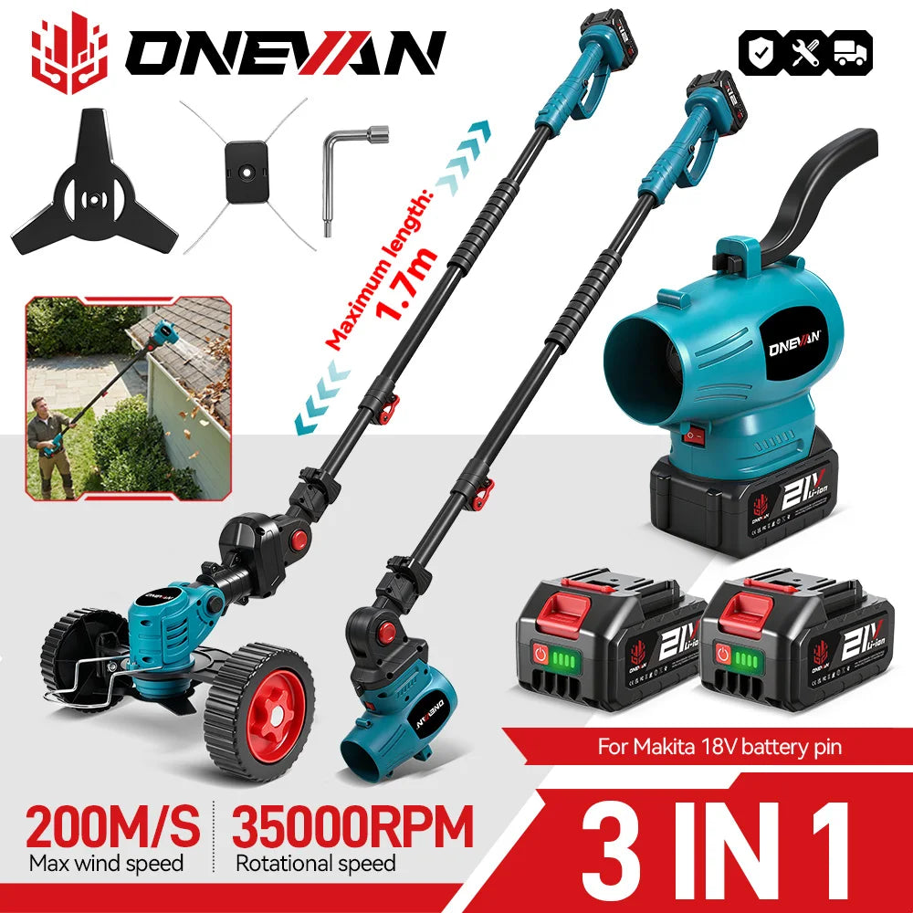 ONEVAN 3-in-1 grastrimmer bladblazer set snoerloze elektrische grasmaaier graskantmaaier tuingereedschap voor Makita 18V accu