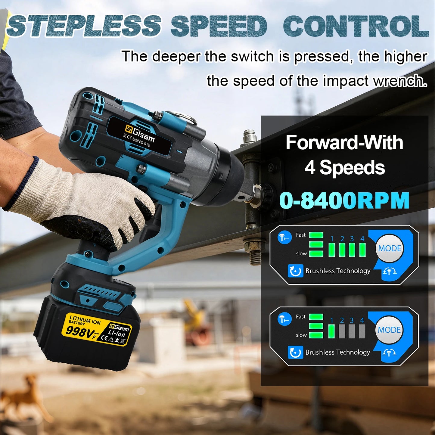 Gisam 4500N.M Brushless Electric Wrench 1 inch Impact Wrench Cordless High Torque Heavy-duty Tire Repair Wrench Screwdriver Drill Power Tool For Makita 18V Battery Pin