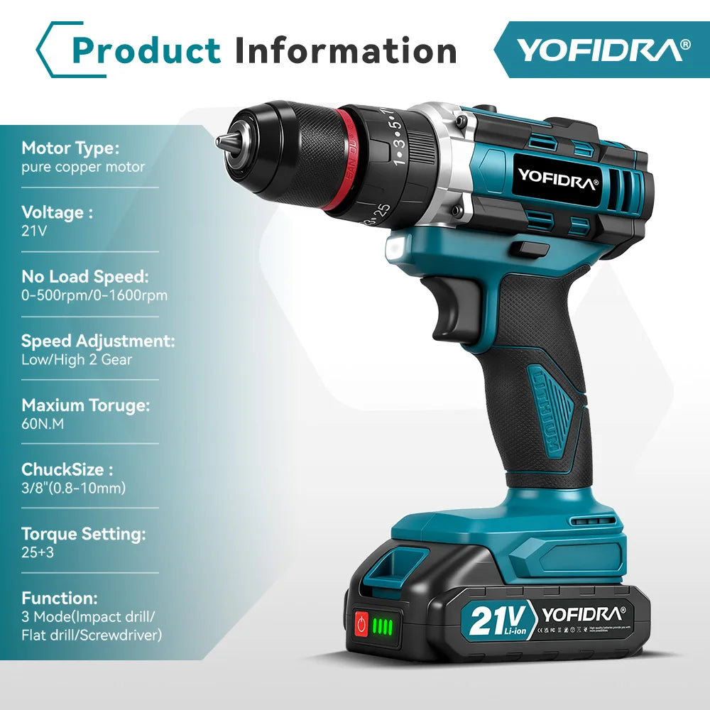 YOFIDRA 3-in-1 25+3 Koppel Elektrische Slagboormachine Handbediende Snoerloze Slagboormachine Houtbewerkingsgereedschap voor Makita Accu