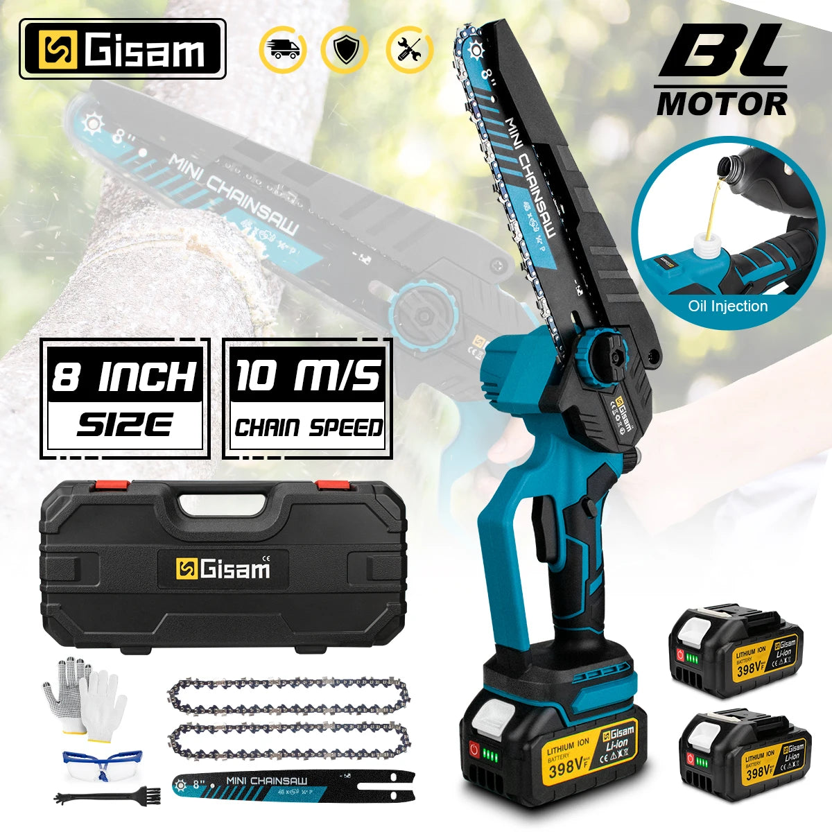 Gisam 8 inch borstelloze elektrische kettingzaag, snoerloos, met olie, elektrische zaag voor houtbewerking en snoeien, gereedschap voor Makita 18V-accu's