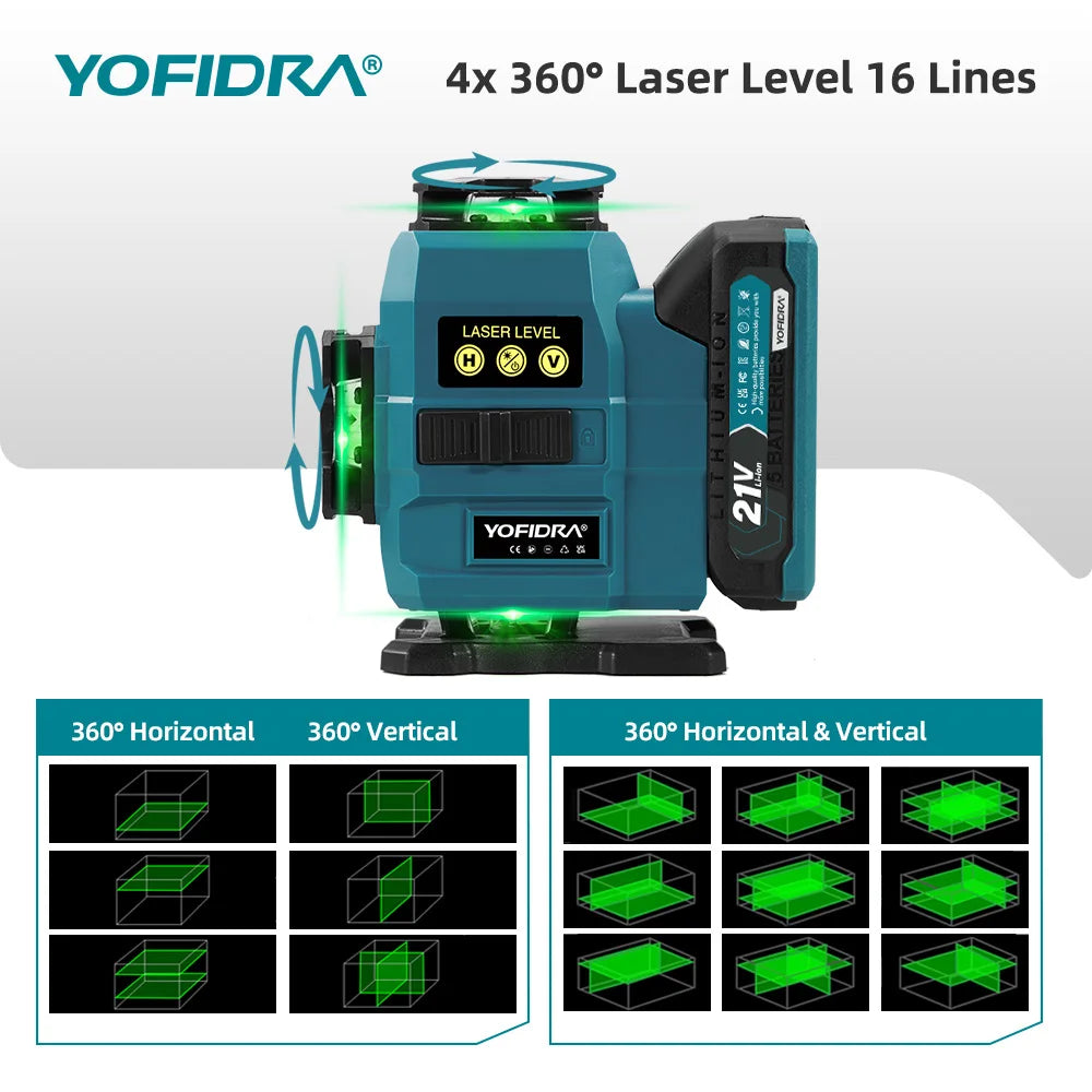 YOFIDRA 4D 16-lijns laserwaterpas zelfnivellerend 360° horizontaal verticaal nivelleergereedschap met 1M statief voor Makita 21V accu