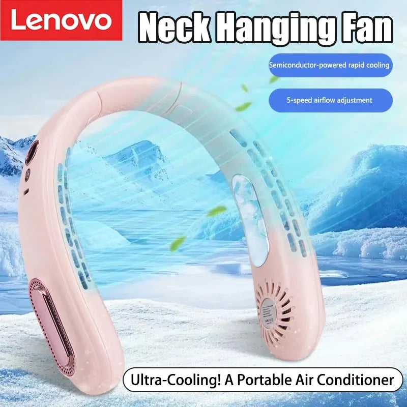 Nouveau ventilateur de cou suspendu sans pales Lenovo avec puce de refroidissement, ventilateur portable rechargeable par USB avec affichage numérique à cinq niveaux de réglage