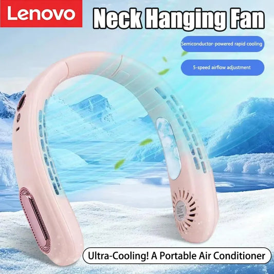 Lenovo New Bladeless Hanging Neck Fan With Cooling Chip Portable Usb Charging Small Fan Five Level Digital Display Adjustment