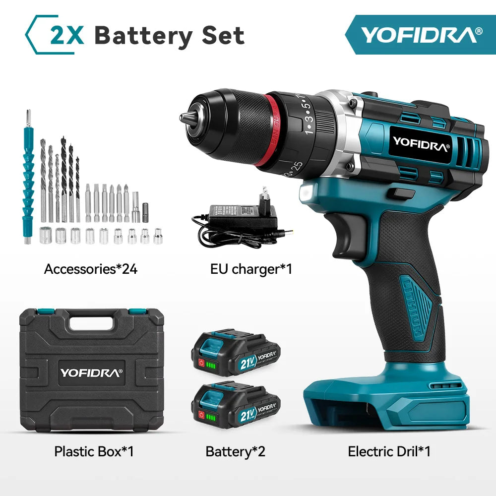 YOFIDRA 25+3 Koppel Elektrische Klopboormachine 3-IN-1 Handbediende Accu-klopboormachine Houtbewerkingsgereedschap voor Makita Accu