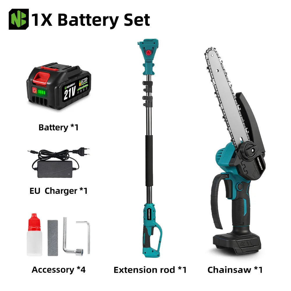 NEWBENY 8 inch elektrische kettingzaag telescopische steel 2-in-1 takkenzaag, tuingereedschap voor 18V 21V batterij-aansluiting