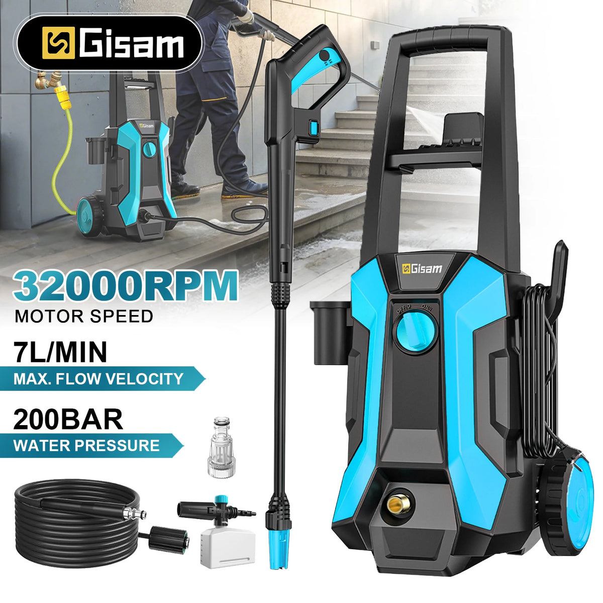 Nettoyeur haute pression Gisam 2200W, pistolet de lavage pour voiture et jardin