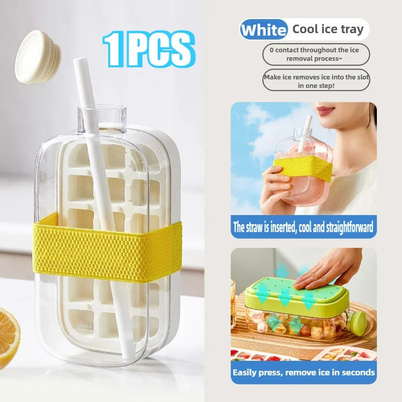 Ice Cube Water Bottle Ice Cube Mold Press Ice Maker With Lid Food Grade Ice-Making Straw Dual-use Ice-Kettle NO TOUCH Silicone