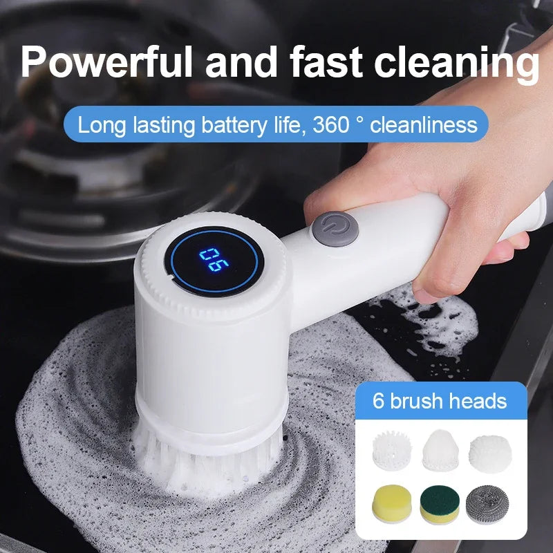 Nieuwe 6-in-1 elektrische draaischrobber, snoerloze reinigingsborstel, USB-C oplaadbare krachtschrobber voor keuken, badkamer, tegelvloer en auto