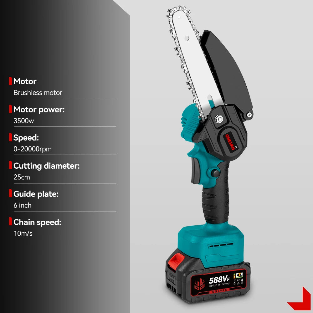 ONEVAN 3500W 6 Inch Brushless Electric Chainsaw Cordless Portable Electric Saw Woodworking Power Tool For Makita 18V Battery Pin