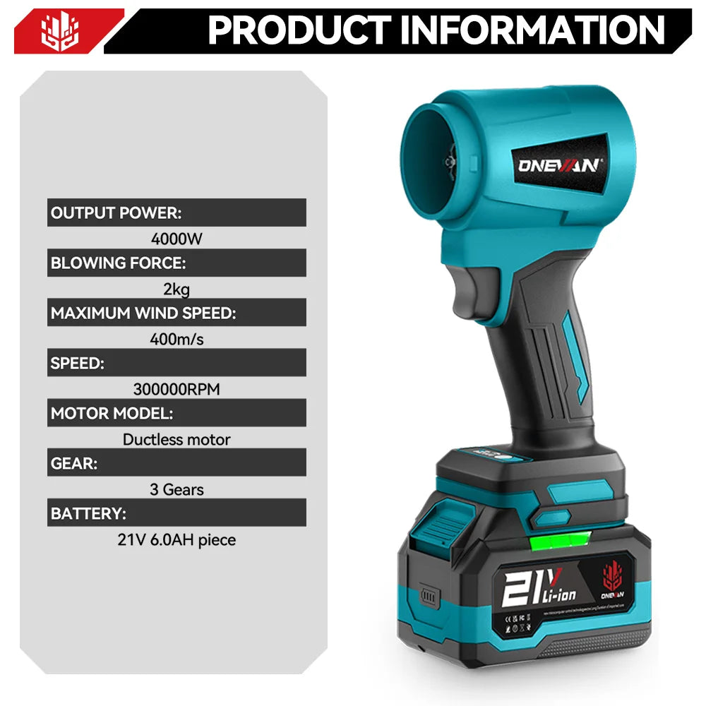 ONEVAN 300.000 TPM Borstelloze Elektrische Turbo Ventilator Jet Fan 400M/S Bladblazer Stofblaasgereedschap voor Makita 18V Accu Pin