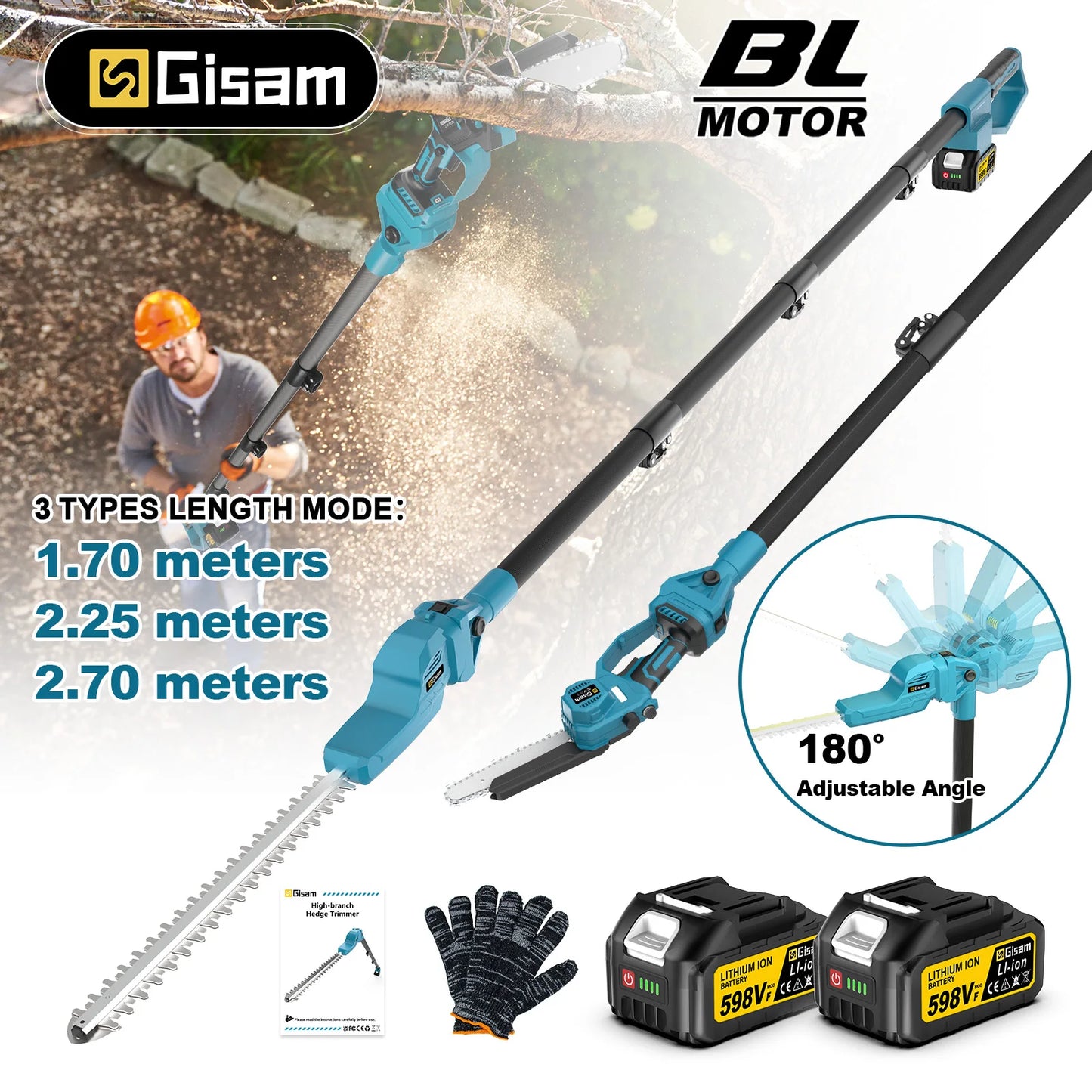 Gisam 2in1 Brushless High Branch Saw & Hedge Trimmer Cordless Branch Pruner Electric Chainsaw Tool For makita 18v battery pin