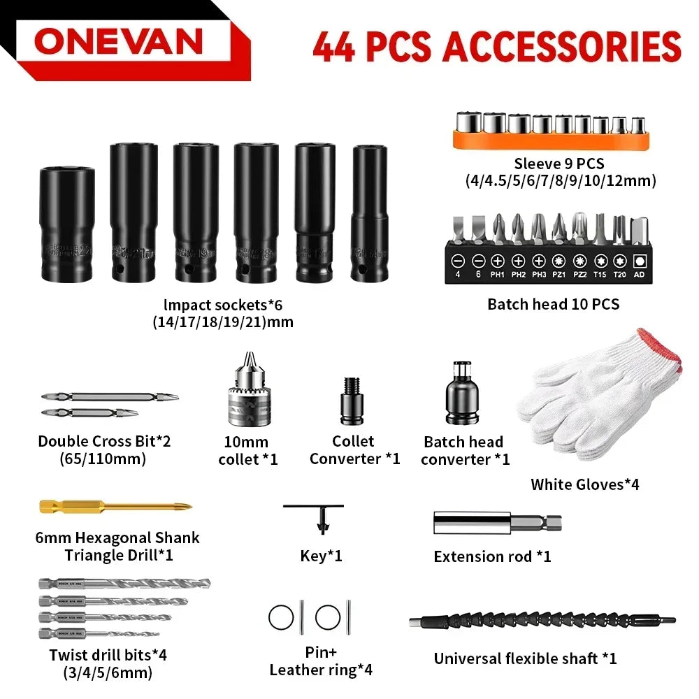 Jeu de 44 douilles à choc électriques ONEVAN avec adaptateur de mandrin de perçage pour perceuse sans fil, clé et tournevis
