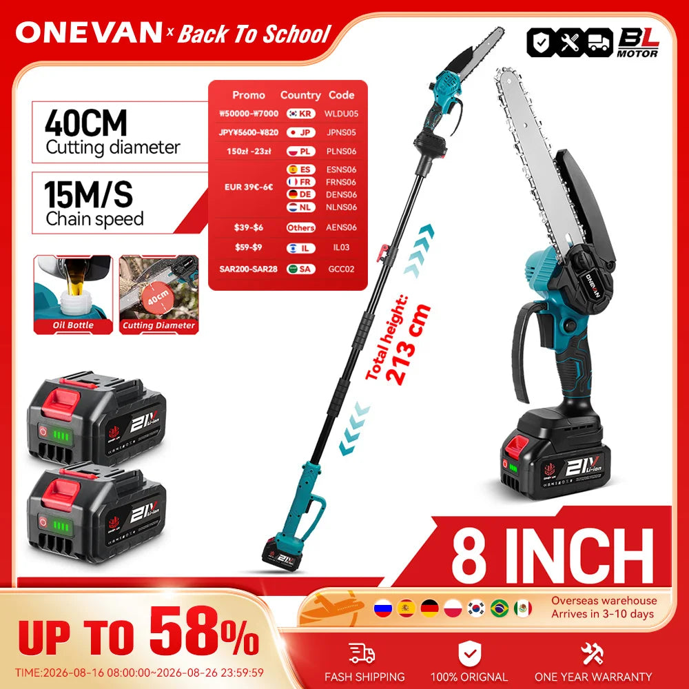 ONEVAN 8 inch borstelloze telescopische elektrische stokkettingzaag hoogtesnoeier voor tuinonderhoud, elektrisch gereedschap voor Makita 18V-accu