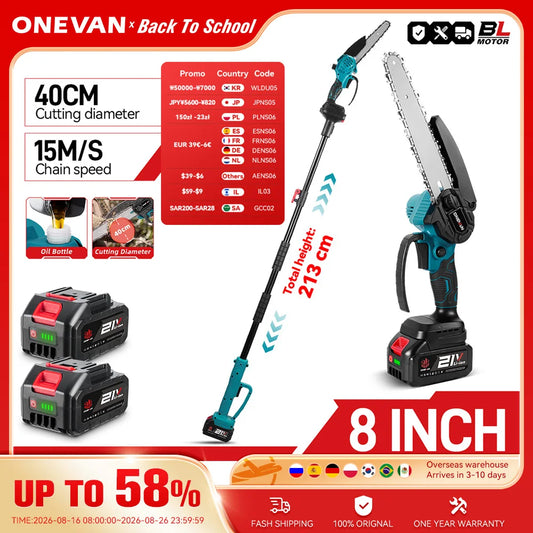 ONEVAN 8inch Brushless Telescoping Pole Electric Chainsaw High Branch Saw Garden Pruning Power Tool For Makita 18V Battery Pin