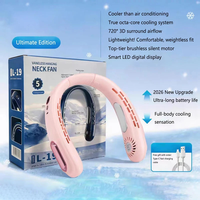 Nouveau ventilateur de cou suspendu sans pales Lenovo avec puce de refroidissement, ventilateur portable rechargeable par USB avec affichage numérique à cinq niveaux de réglage