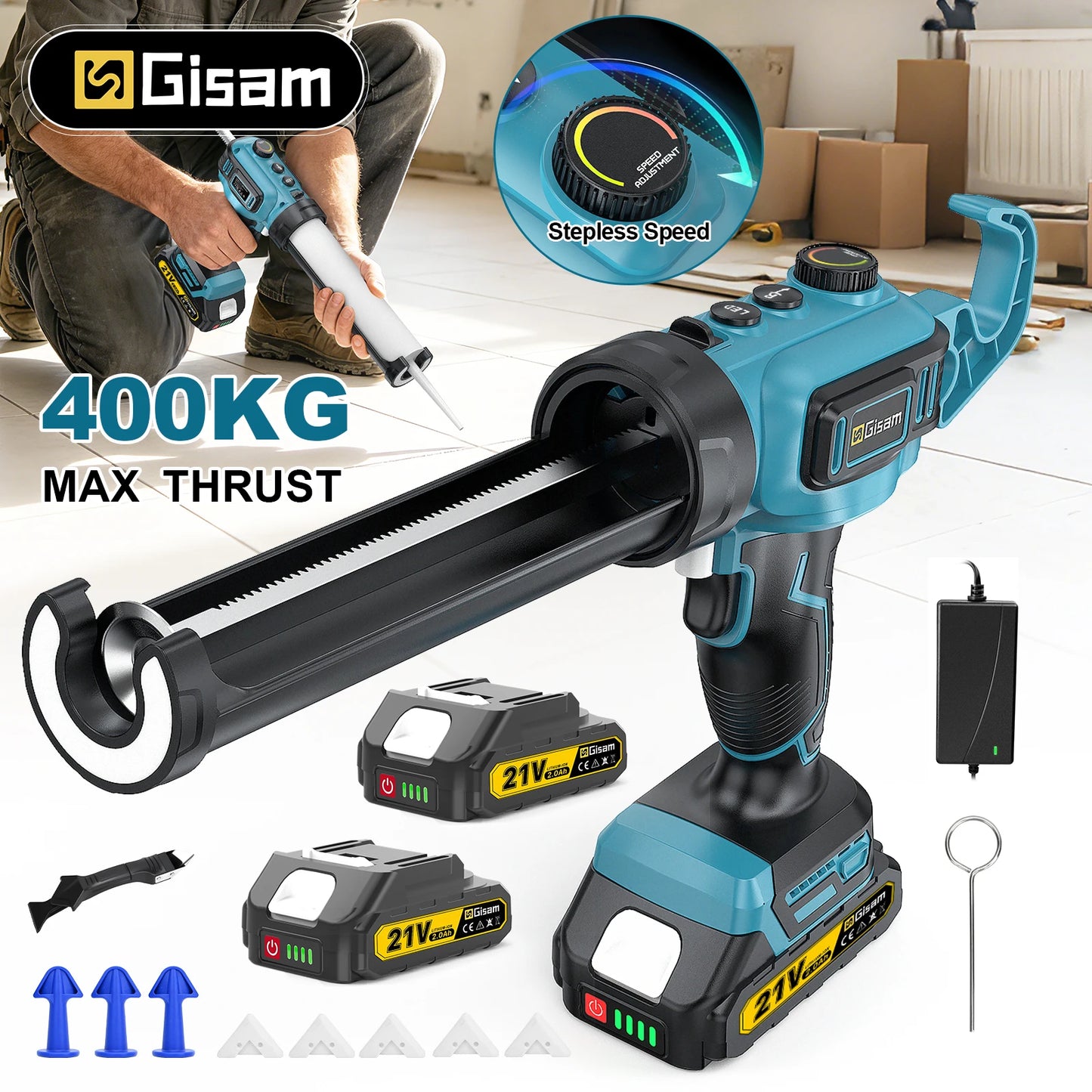 Gisam 400KG Electric Caulking Glue Gun Cordless Adhesive Glass Glue Gun Caulking Sealant Filling Sealing Home DIY Power Tool For Makita 18V Battery Pin