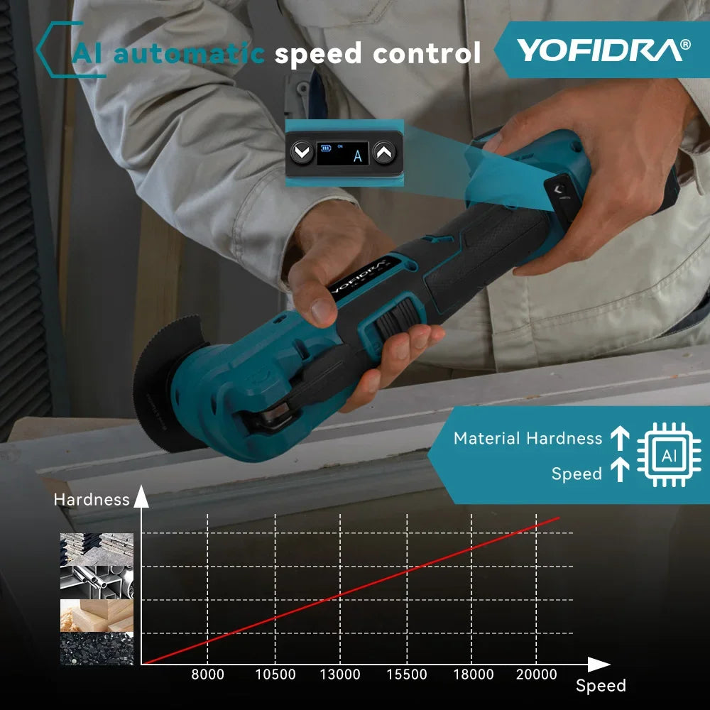 YOFIDRA 1000W Borstelloze Elektrische Oscillerende Multitool AI Snelheidsregeling Accu-gereedschap voor Houtbewerking Geschikt voor Makita Accu
