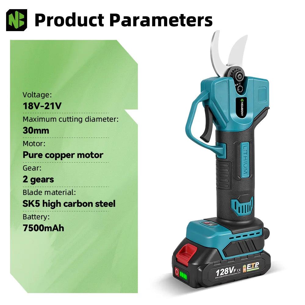 Sécateur électrique NEWBENY 30MM à 2 vitesses, outil de coupe sans fil pour branches d'arbres fruitiers, compatible avec batterie Makita 18V