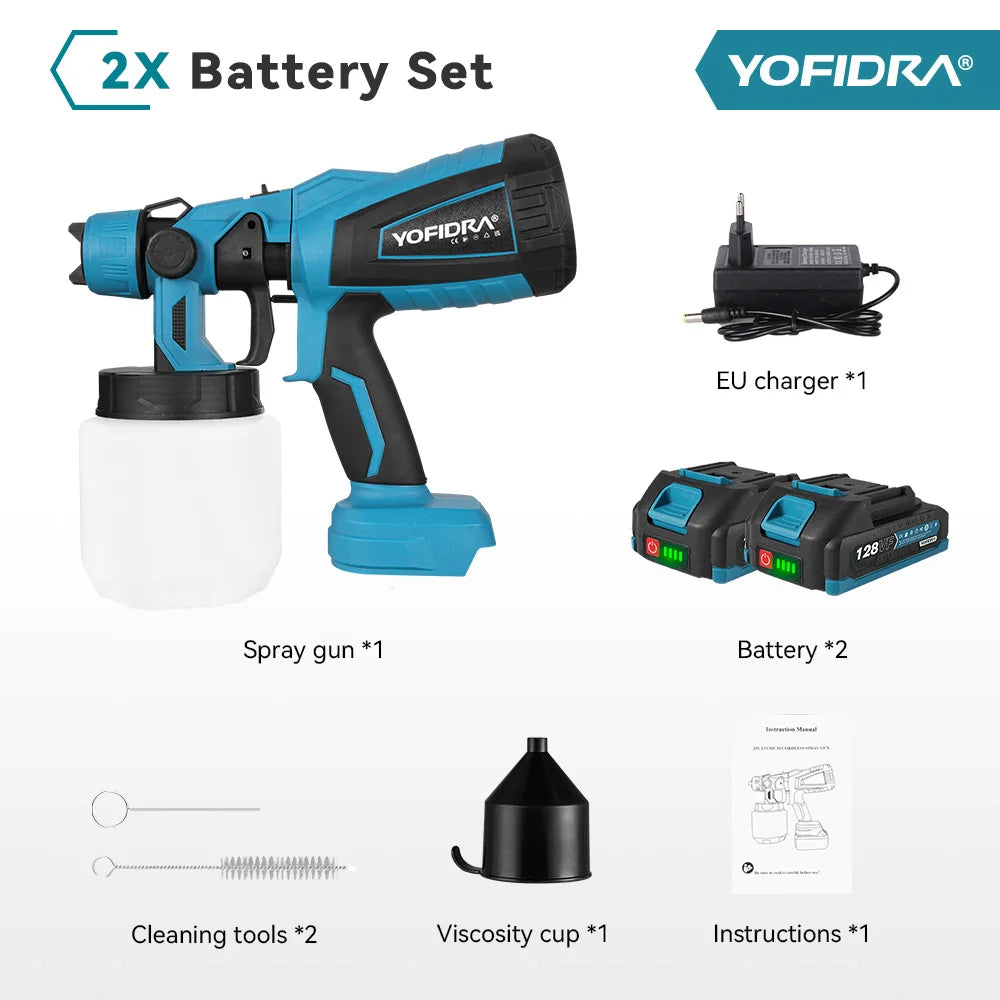 YOFIDRA 1000ML Cordless Electric Spray Gun 55000RPM Handheld Paint Sprayer Auto Coating Airbrush Tool for Makita 18V Battery Pin
