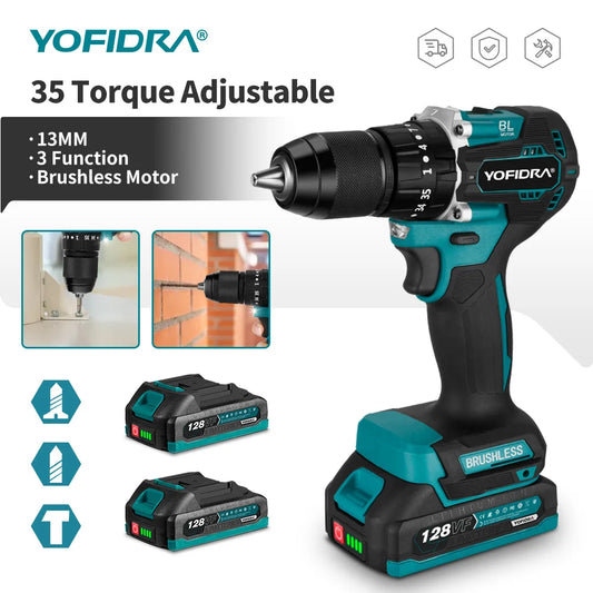YOFIDRA 13MM Brushless Electric Impact Drill  35+3 Torque Cordless Woodworking Screwdriver Power Tool For Makita Battery Pin