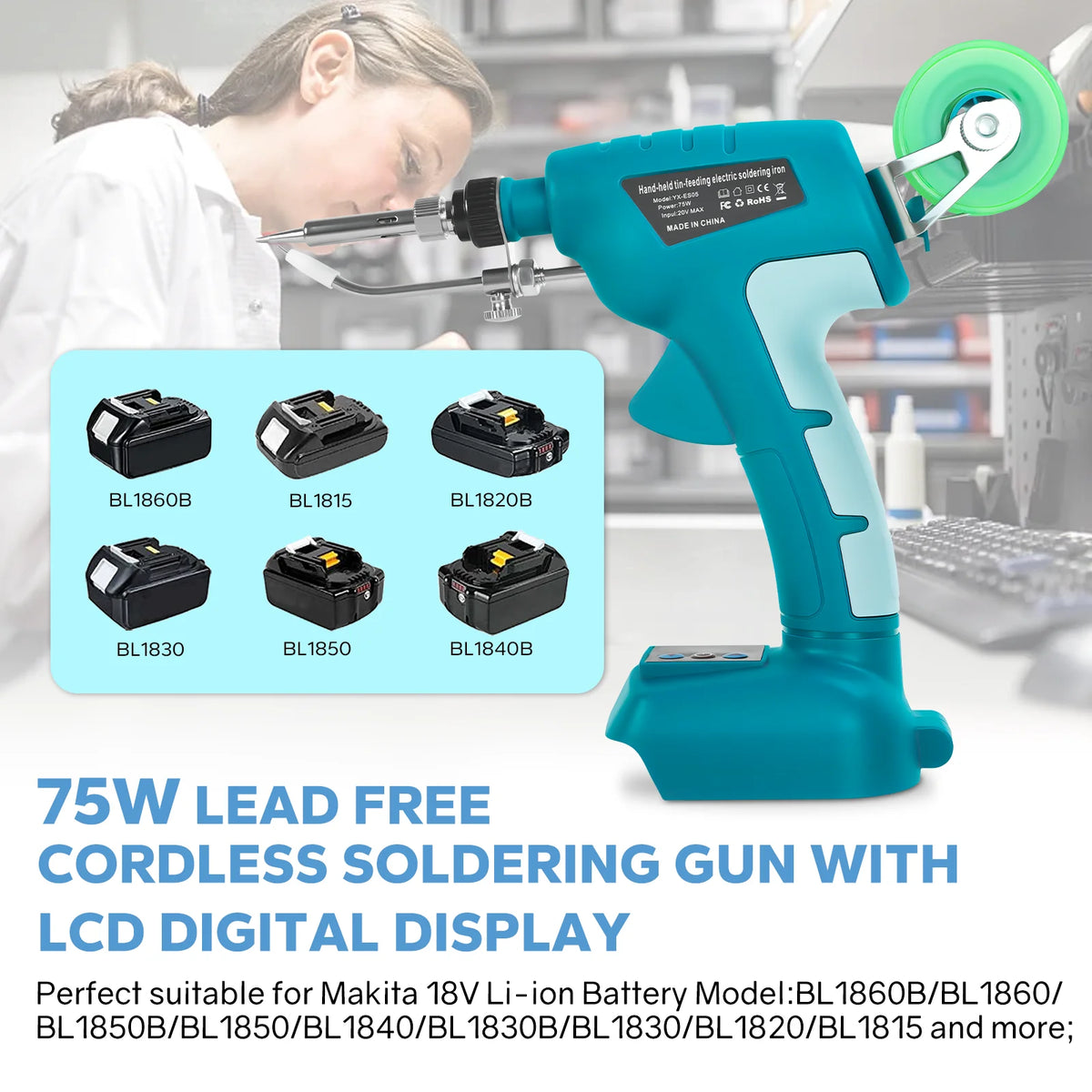 75W Draadloze soldeerboutset 200℃-500℃ Instelbare temperatuur soldeerpistool lasreparatiegereedschap voor Makita 18V-accu