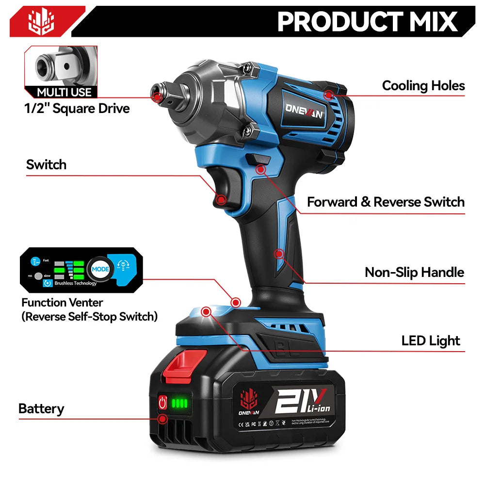 ONEVAN 1200N.M Koppel Borstelloze Elektrische Slagsleutel 1/2 Inch Schroevendraaier Dopsleutel Elektrisch Gereedschap voor Makita 18V Accu Pin