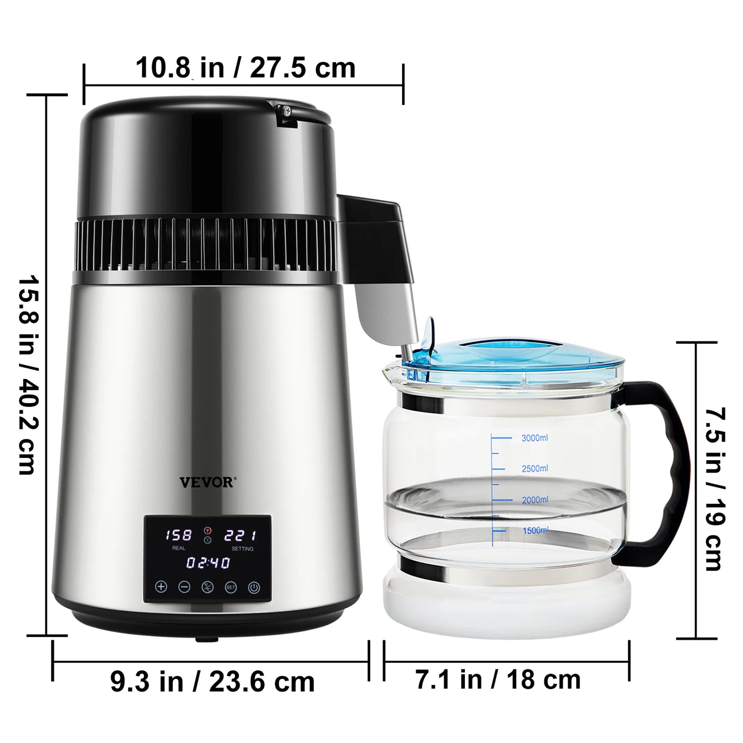 SucceBuy 1.5L/H Distilling Speed 4L Water Distiller Treatmen Purifier Filter Touch Screen Time Setting 304 Stainless Home Use