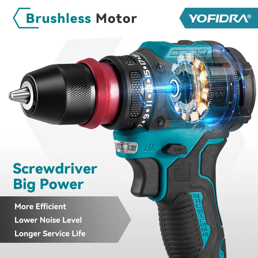 YOFIDRA 2-in-1 borstelloze elektrische schroevendraaier handboormachine met zeskantopname, huishoudelijke elektrische gereedschapsset voor Makita-accu