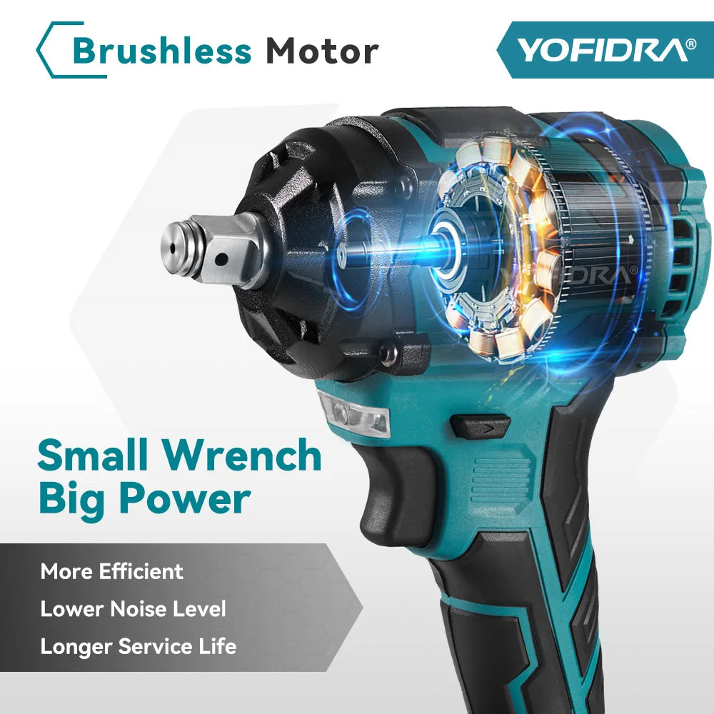 YOFIDRA Boulonneuse à chocs électrique sans fil 1/2" 1000 N.m, clé à chocs portative pour vissage automobile, ensemble avec douilles, compatible batterie Makita avec goupille