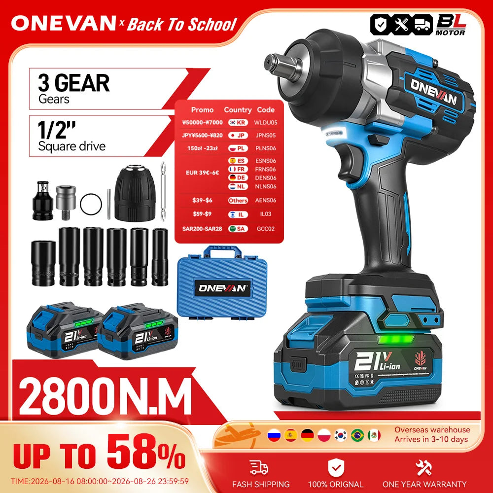ONEVAN 2800N.M Torque Brushless Electric Impact Wrench 5 Speed Cordless Wrench Screwdrive Power Tool  For Makita 18V Battery Pin