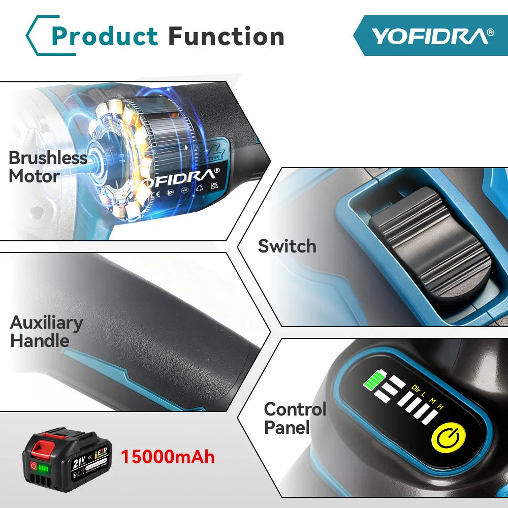 YOFIDRA Meuleuse d'angle électrique sans balais 125 mm à 4 vitesses pour le meulage, le polissage et la coupe de métal et de bois, outil électrique compatible avec batterie Makita