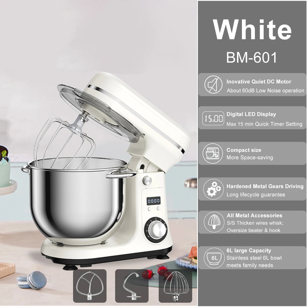 Robot pâtissier multifonction BioloMix 6 vitesses, moteur silencieux 1200W CC, bol en acier inoxydable de 6L avec fouet, batteur et crochet pétrisseur