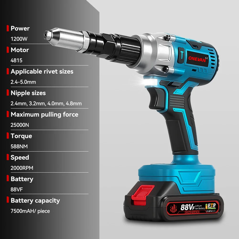 ONEVAN 25000N Borstelloos Elektrisch Klinkpistool 2.4-5.0mm Snoerloos Blindklinknagelgereedschap voor Makita 18V Accu
