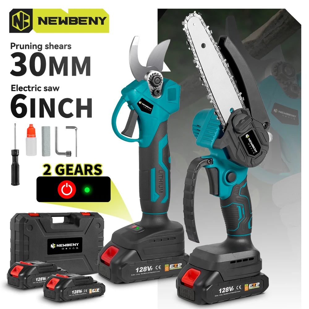 NEWBENY Brushless 30MM Electric Pruning Shears ＆ 6 inch Chainsaw Cordless Garden Cutter DIY Tools Set For Makita Battery Pin