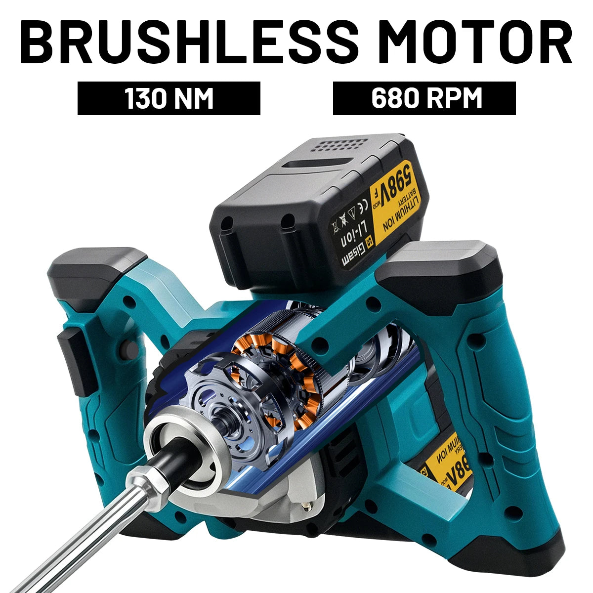 Gisam 6-versnellingen draadloze elektrische betonmixer, borstelloze cement-, mortel-, pleister- en verfmenger voor Makita 18V-accu