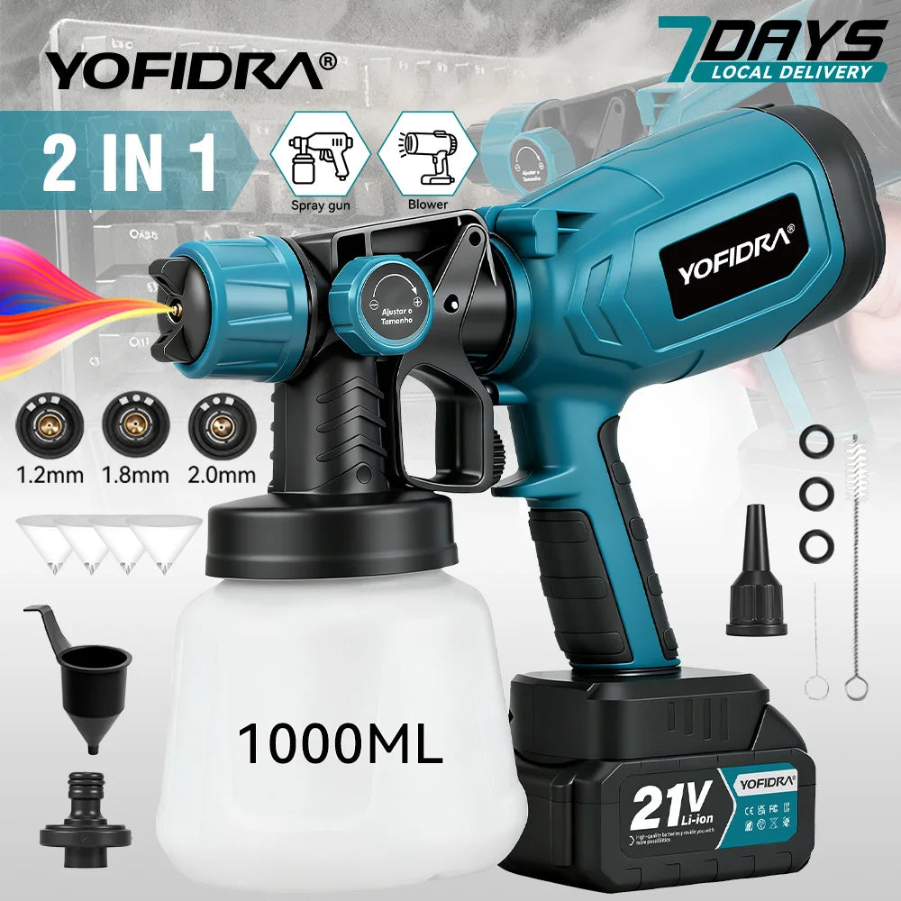 YOFIDRA 1000ML Electric Spray Gun 66000RPM Paint Sprayer Auto Furniture Steel Coating Airbrush Tool For Makita 21V Battery Pin