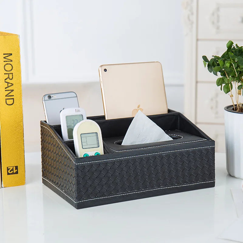 Multifunctional Tissue Box with Stationery Remote Control Box, Decorative Tissue Pen Remote Organizer for Home/Office/Restaurant