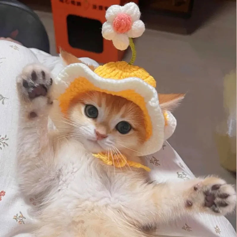 Cute Adjustable Cat Hat Elastic Pet Hat for Cats Small Dogs Kitten Headwear with Small Flowers Party Photo Decoration