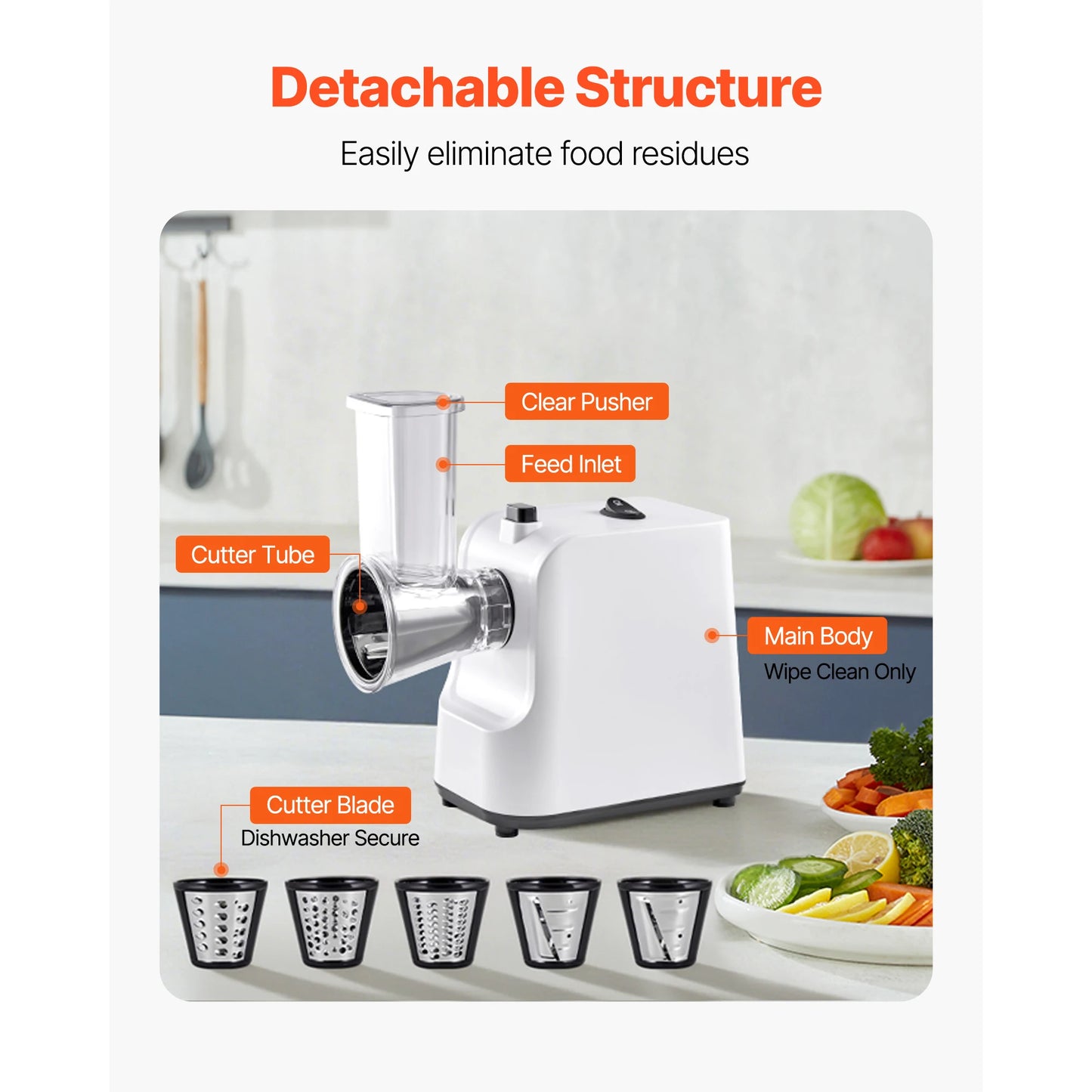 SucceBuy Electric Cheese Grater Salad Maker 200W Salad Shooter Electric Vegetable Slicer Shredder Chopper for Fruits with 5 Att