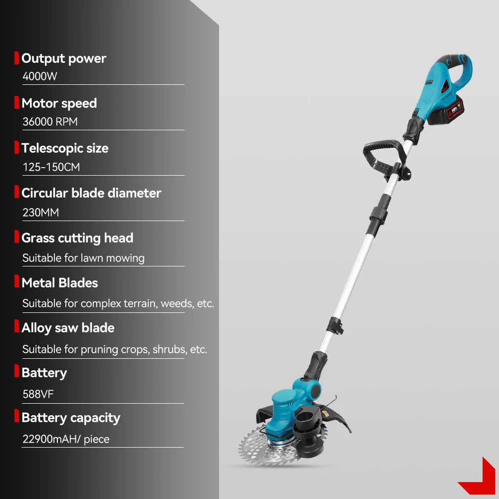 ONEVAN Borstelloze Elektrische Grasmaaier 36000RPM Grastrimmer 90° Verstelbaar Opvouwbaar Tuingereedschap voor Makita 18V Accu