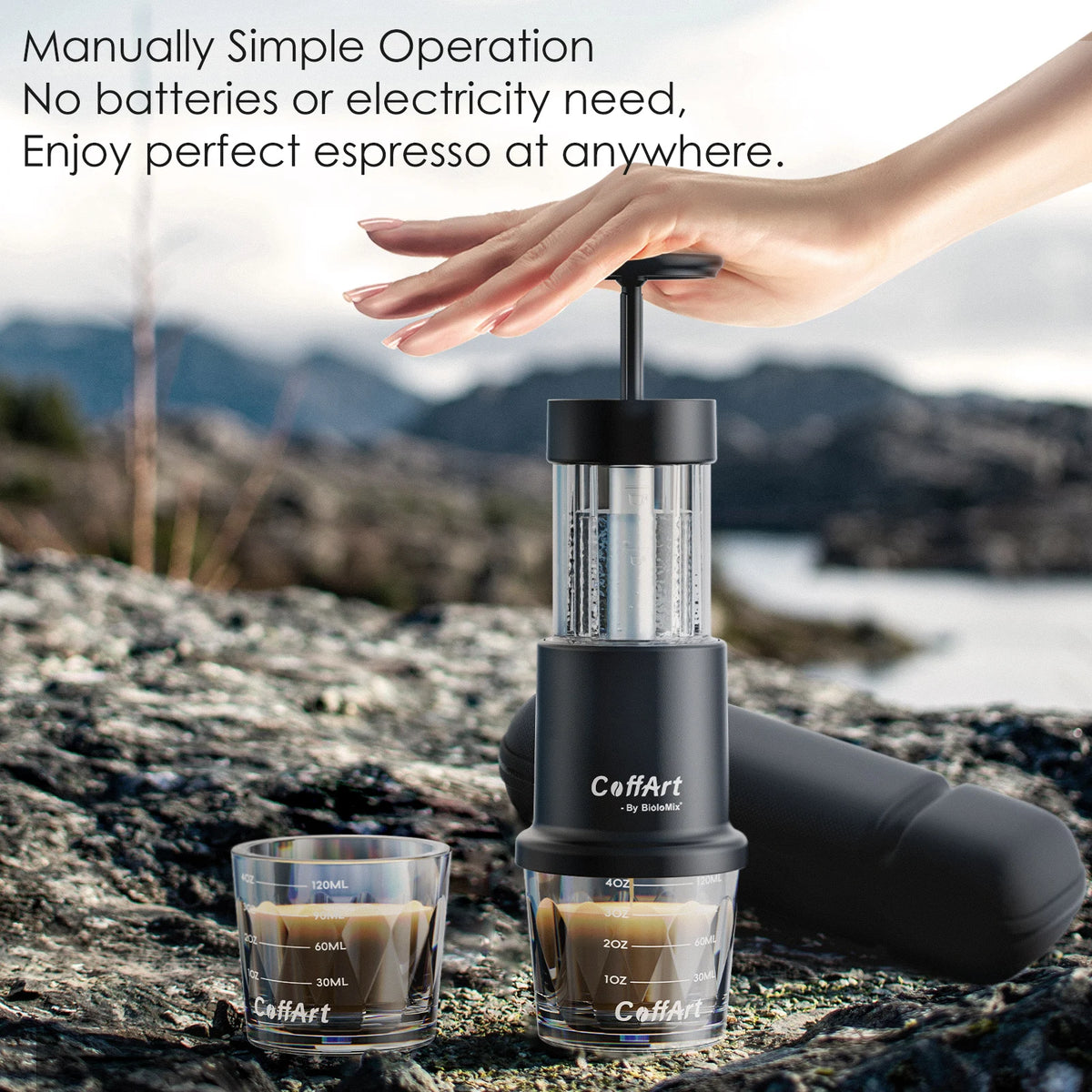 Cafetière portable 2-en-1 BioloMix, machine à espresso chaud/froid pour capsules NS et café moulu, presse manuelle