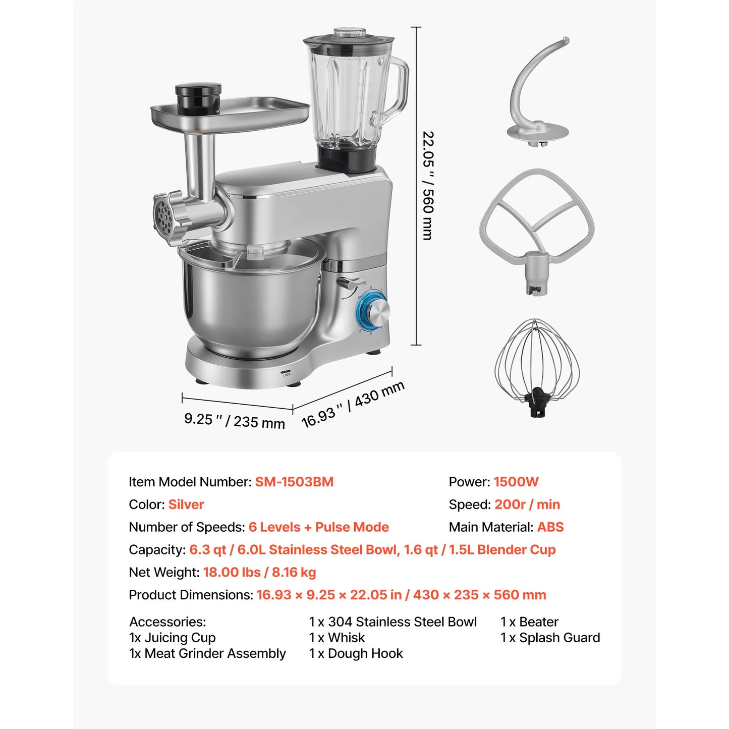 SucceBuy 4.3L 5.7L 6L 7.8L Stand Mixe Electric Kitchen Mixer 1500W Dough-Mixer 6+P Speeds Tilt-head Food-Mixer with 1.5 L Blender Cup