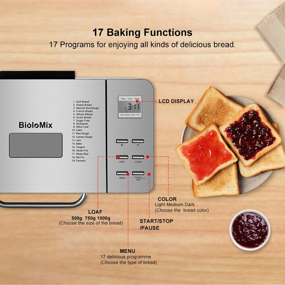 Biolomix 1KG 19-in-1 RVS Automatische Broodbakmachine 650W Programmeerbaar met Fruit- en Notendispenser Keukenapparaat