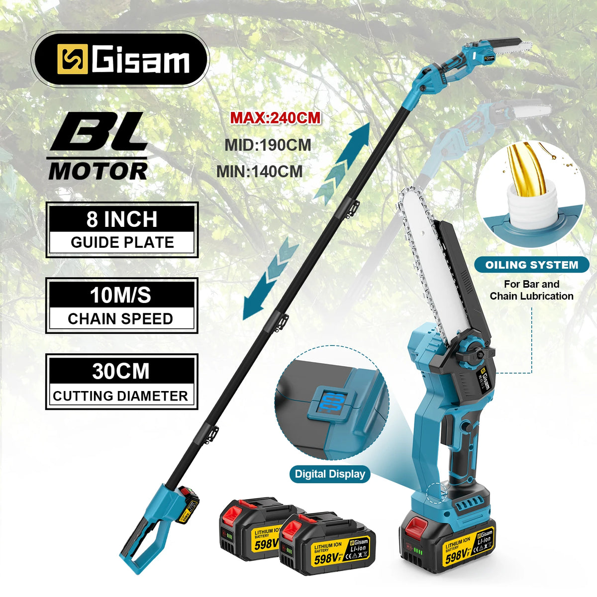 Tronçonneuse électrique télescopique sans fil Gisam avec moteur sans balais, outil d'élagage de jardin 2 en 1 pour batterie Makita 18V
