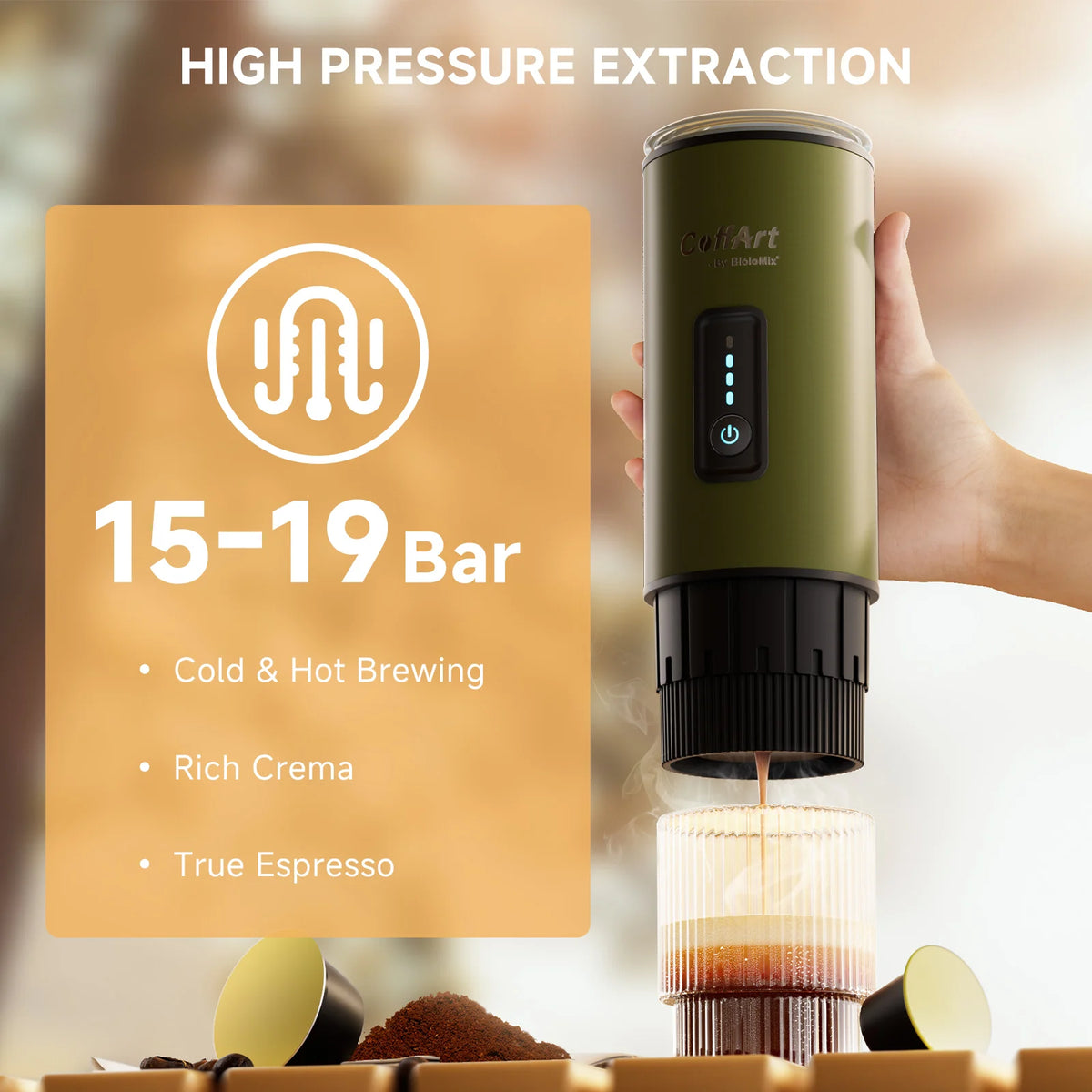 BioloMix draagbaar 3-in-1 koffiezetapparaat USB/12V reisespressomachine voor Nespresso Dolce Gusto capsules & koffiepoeder