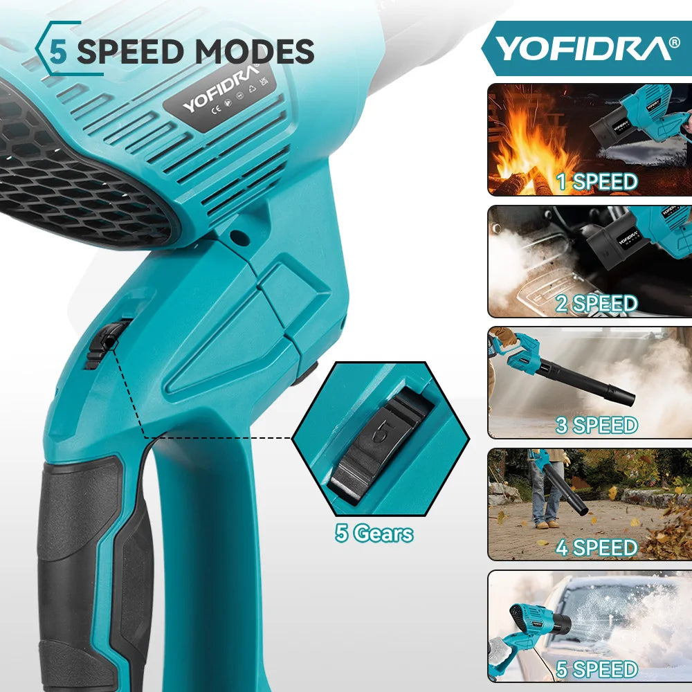 Souffleur turbo électrique sans balais 2-en-1 YOFIDRA 1500 W, 5 vitesses, pour feuilles, neige et poussière, outil de nettoyage de jardin compatible avec batterie Makita 18 V