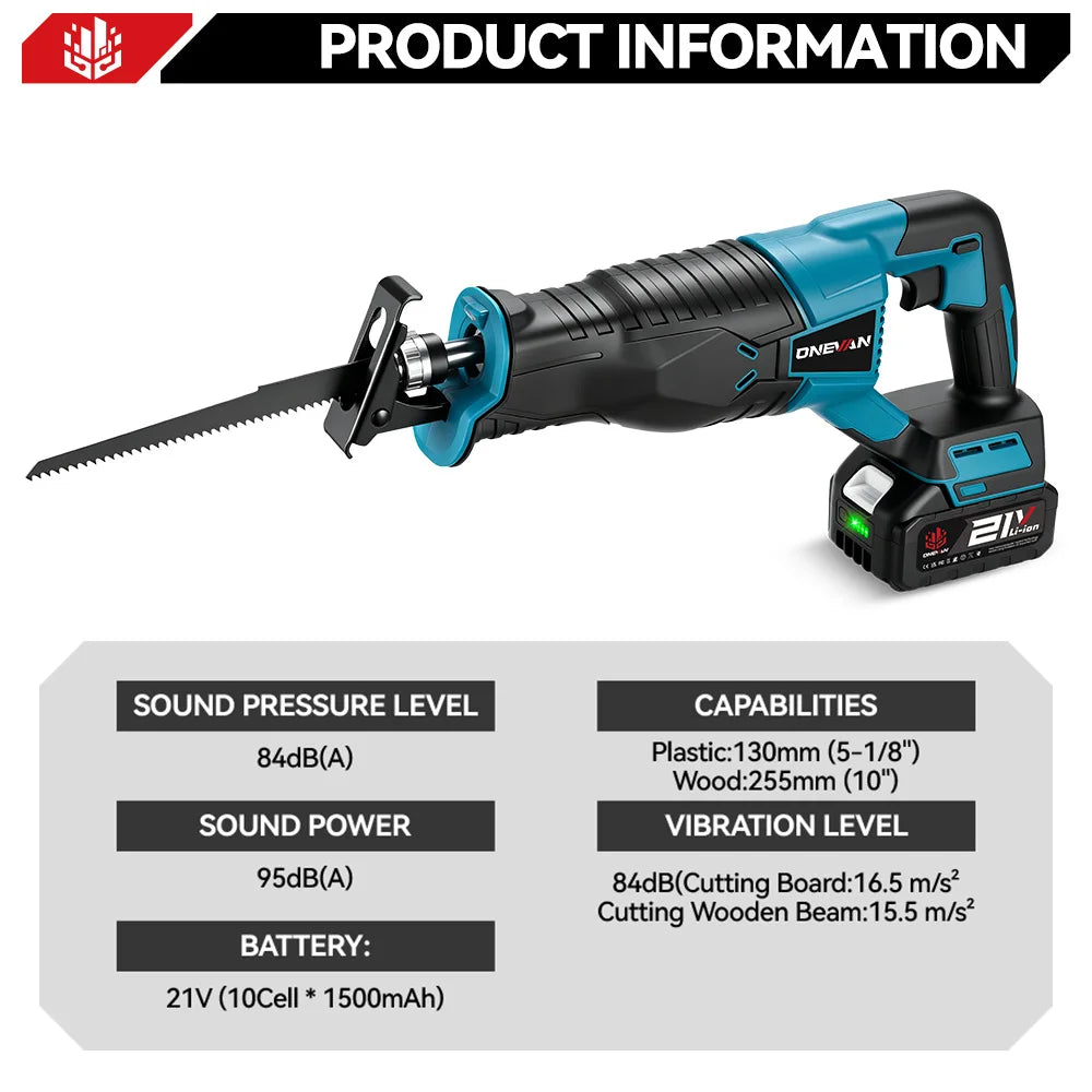Scie sabre électrique ONEVAN 10000 tr/min, scie électrique portable rechargeable, outil de coupe pour métal et bois, compatible avec batterie Makita 18V